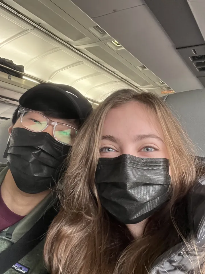 Hannah and Daniel masked on the way up to New York